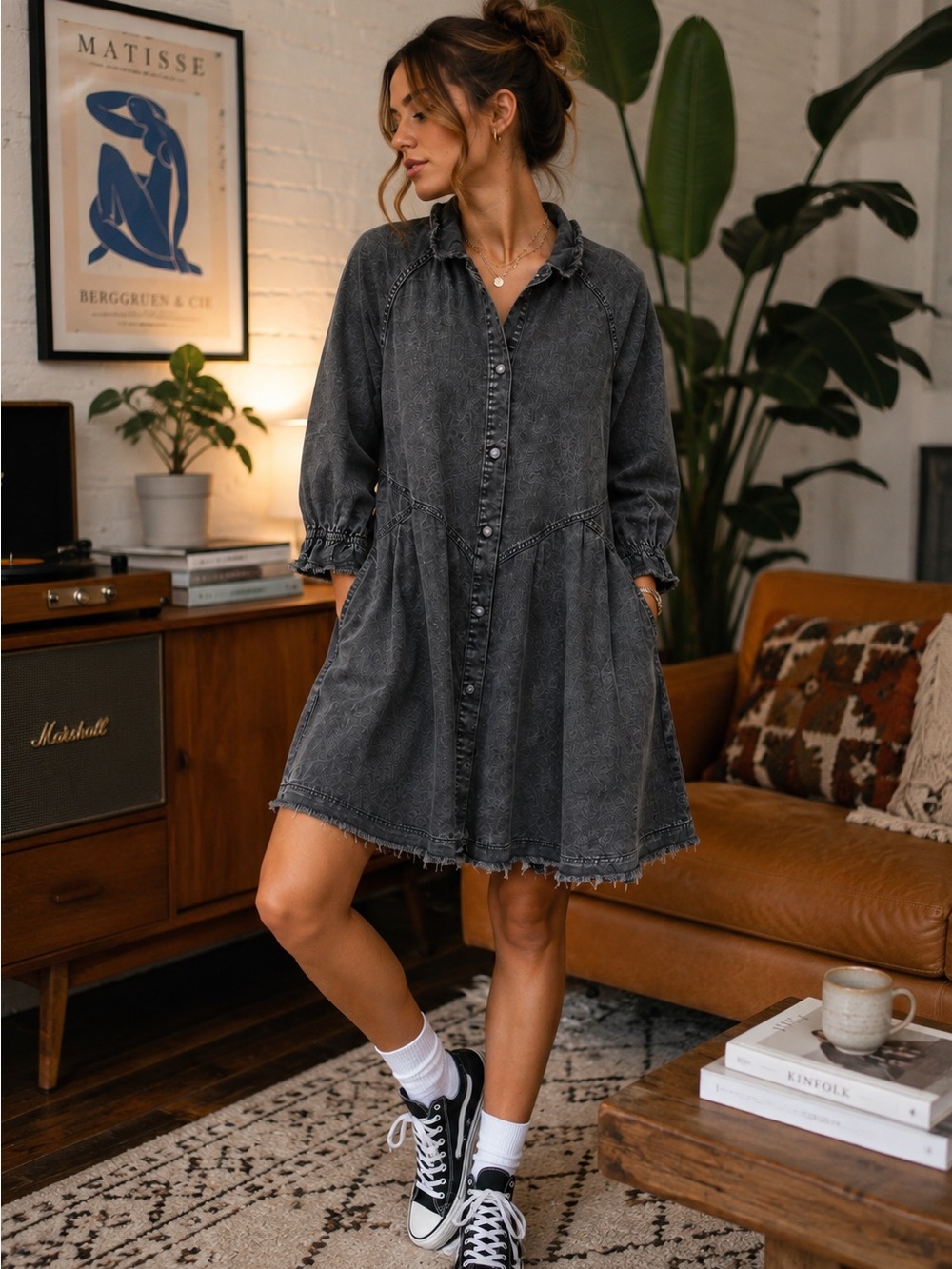 We The Free Washed Black Button-Front Denim Mini Dress
